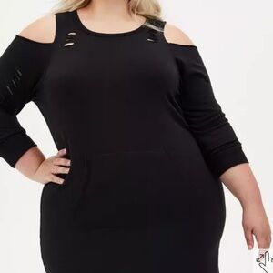 NEW TORRID Daring Distressed Black Fleece Knit Cold Shoulder Sweatshirt